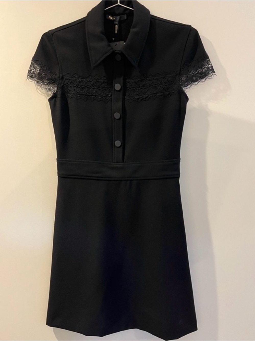 Maje Black Lace-Trim Polo Mini Dress